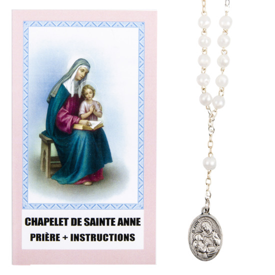 Chapelet de dévotion de sainte Anne avec notice explicative, livré en sachet individuel.