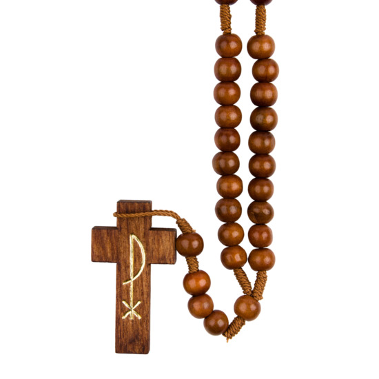 Chapelet sur corde avec fermoir grains en bois marron Ø 7 mm, longueur au cœur 23 cm, croix imprimé PAX. 