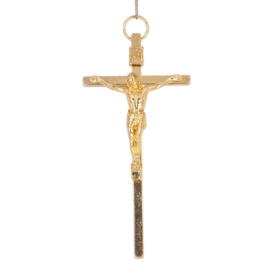 Crucifix forme carrée métal couleur dorée avec Christ - H. 9 cm.