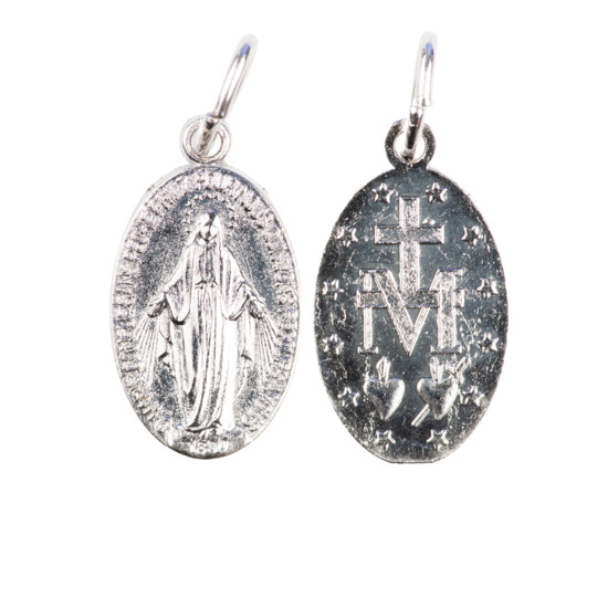 Médaille alliage métal/aluminium couleur argentée de la Vierge Miraculeuse inscription en Français, plusieurs tailles.
