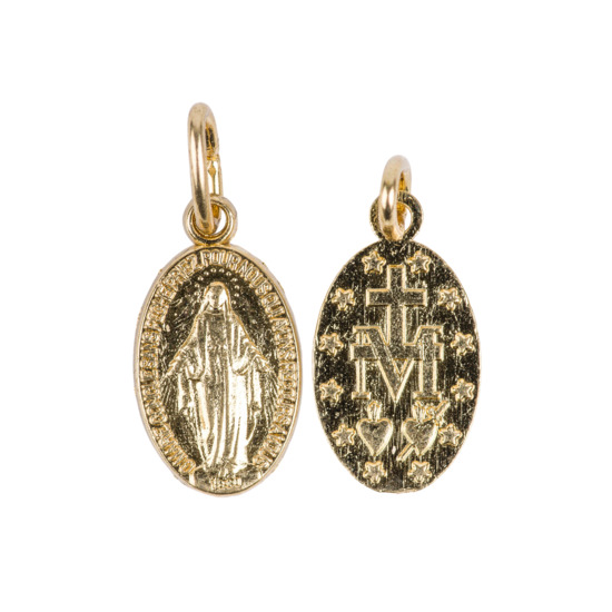 Médaille alliage métal/aluminium couleur dorée de la Vierge Miraculeuse inscription en Français, plusieurs tailles.