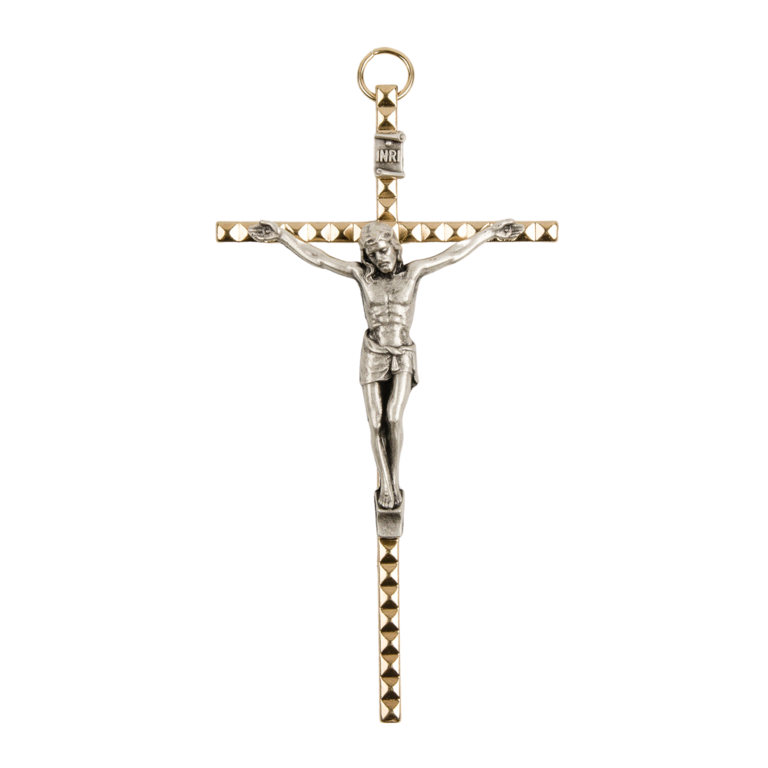 Crucifix forme carrée à facettes métal couleur dorée avec Christ - H. 11 cm.