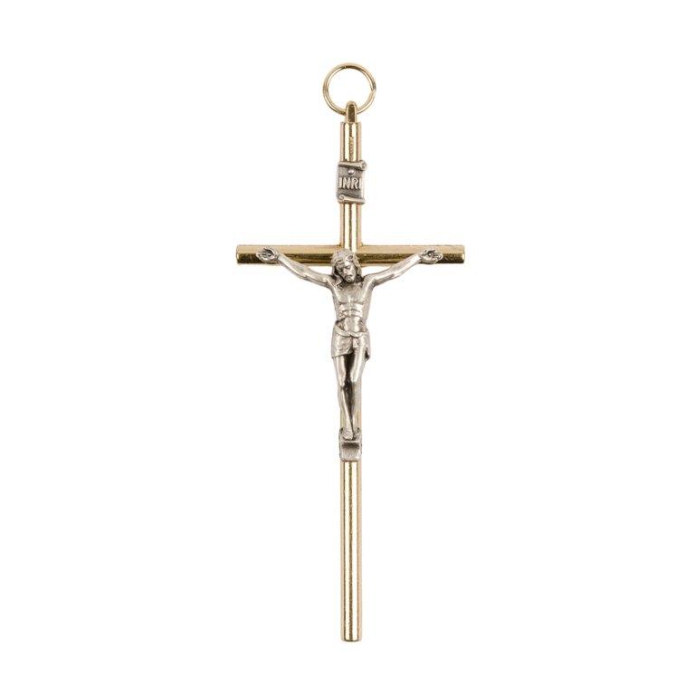 Crucifix forme tube en métal couleur dorée avec Christ - H. 10 cm.