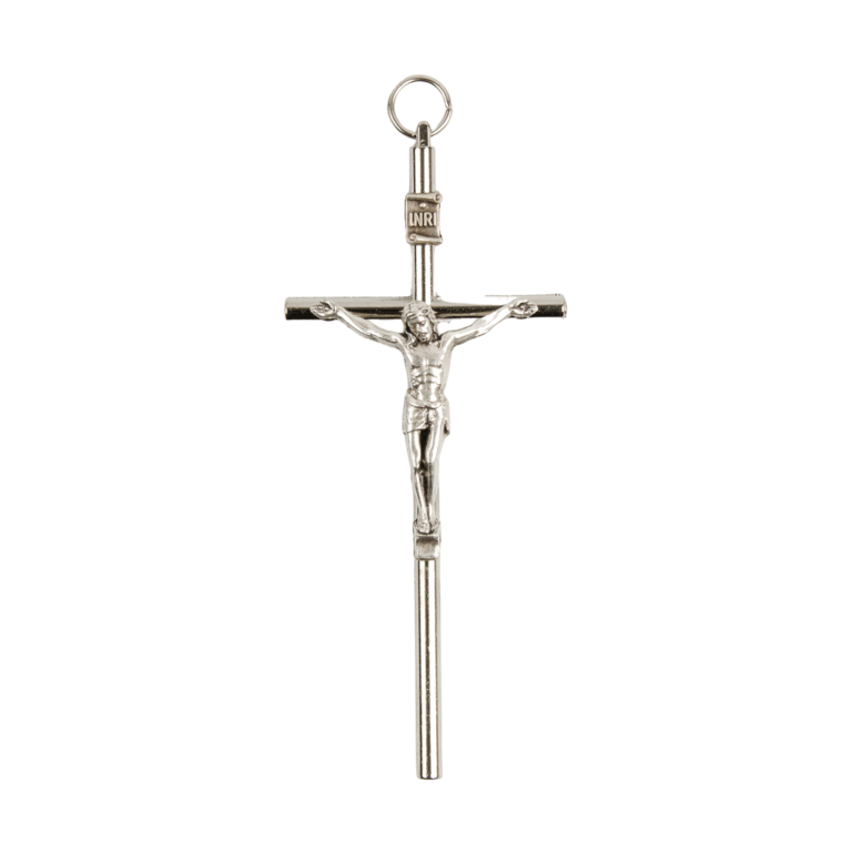 Crucifix forme tube en métal couleur argentée avec Christ - H. 10 cm.