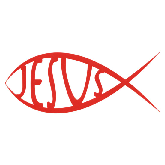 Autocollant transparent 7.5 x 15 cm poisson texte Jésus, couleur Rouge