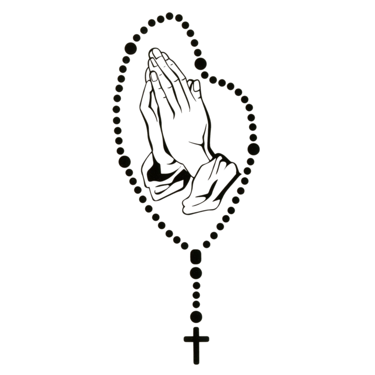 Autocollant transparent 7.5 x 15 cm mains en prière et chapelet, couleur Noir