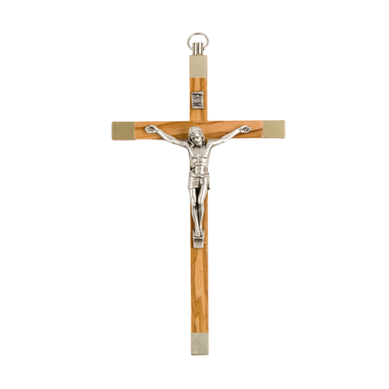Crucifix en bois d´olivier, couleur dorée aux extrémités avec Christ en métal couleur argentée