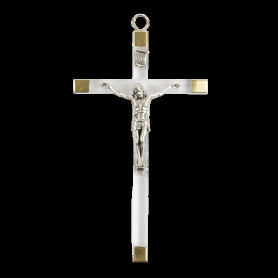 Crucifix en plexiglass couleur dorée aux extrémités avec Christ métal couleur argentée