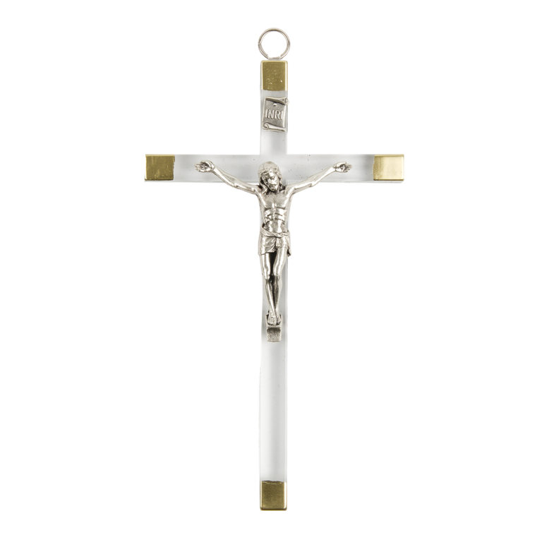 Crucifix en plexiglass couleur dorée aux extrémités avec Christ métal couleur argentée