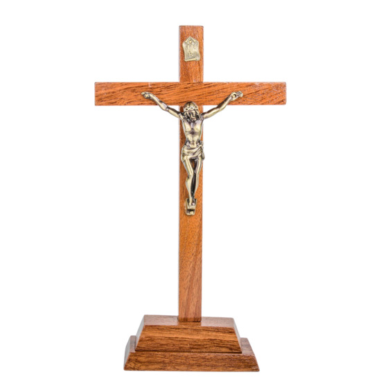 Crucifix bois marron vernis avec Christ métal bronzé sur socle