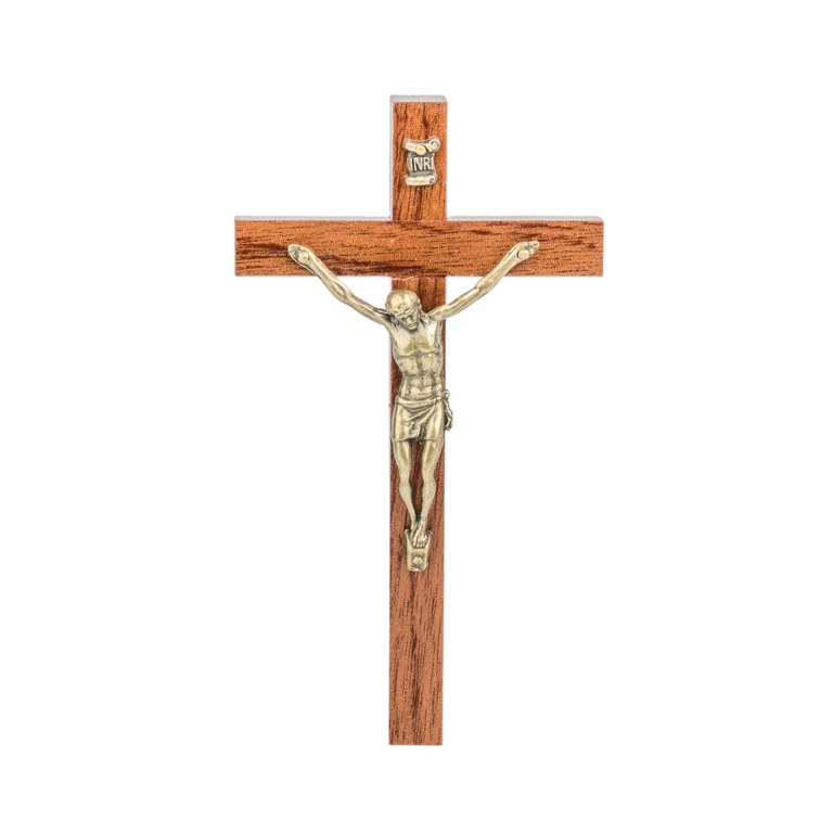 Crucifix bois marron vernis avec Christ métal bronzé.