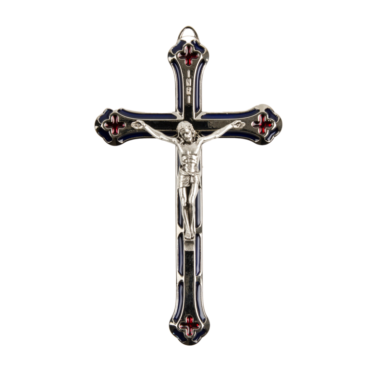 Crucifix métal et Christ couleur argentée + résine bleue et rouge H. 13,5 cm.