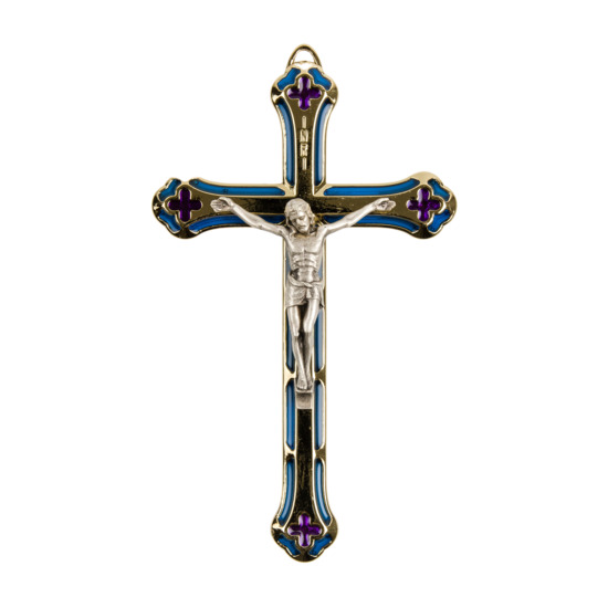 Crucifix métal couleur dorée avec Christ argenté et résine bleue et rouge H. 13,5 cm.