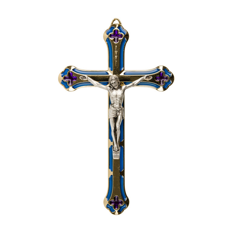 Crucifix métal couleur dorée avec Christ argenté et résine bleue et rouge sur socle H. 17 cm.