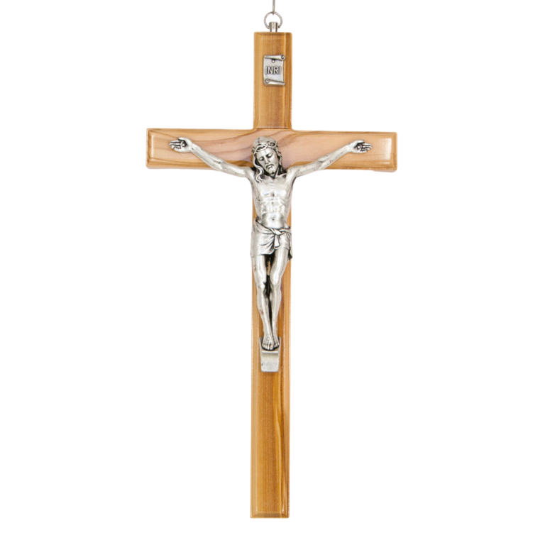 Crucifix en bois d´olivier avec Christ en métal couleur argentée.