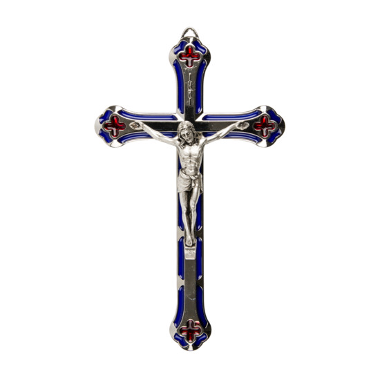 Crucifix métal et Christ couleur argentée + résine bleue et rouge, sur socle H. 17 cm.