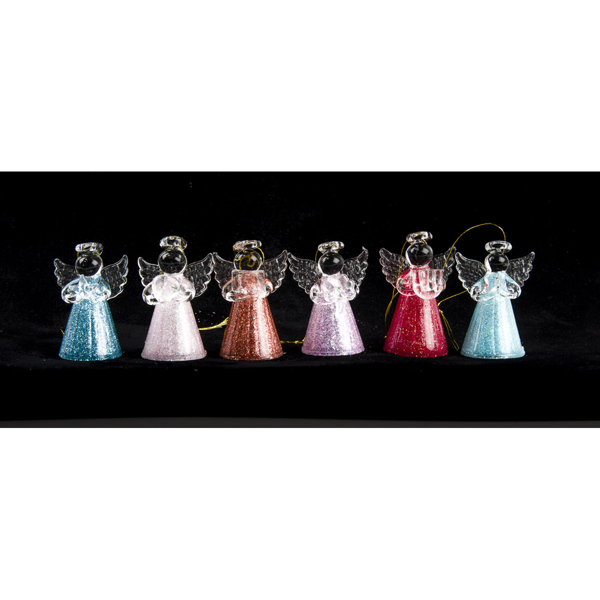 Ange en verre robe pailletée de couleur H. 4,5 cm, série de 6 anges assortis.