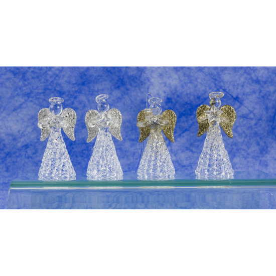 Ange en verre robe torsadée ailes pailletées or et argent H. 6,5 cm, série de 4 anges assortis.