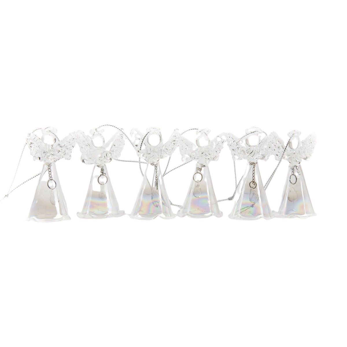 Ange en verre robe transparente fumée avec clochette H. 7 cm, série de 6 anges assortis.