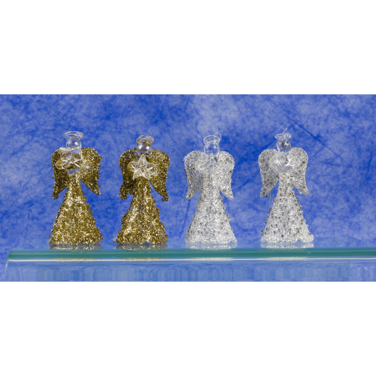 Ange en verre robe et ailes pailletées couleur or ou argent H. 6,5 cm, série de 4 anges assortis.