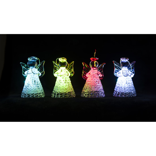 Ange en verre robe torsadée lumineux LED  H. 7 cm, série de 4 anges assortis.   