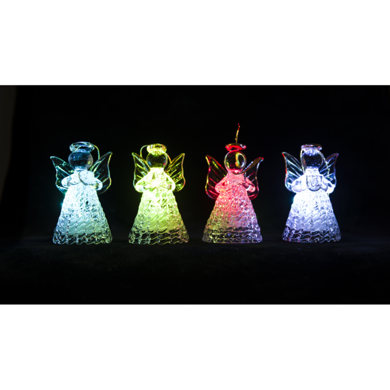 Ange en verre robe torsadée lumineux LED  H. 7 cm, série de 4 anges assortis.   