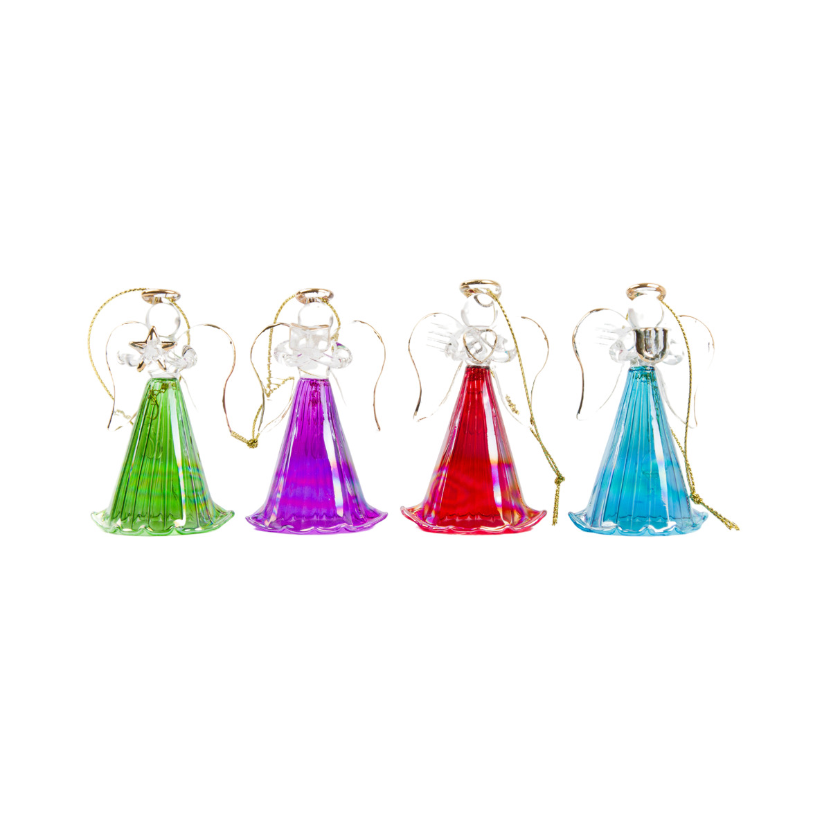 Ange en verre robe striée de couleur avec clochette H.8 cm, SERIE DE 4 ANGES ASSORTIS