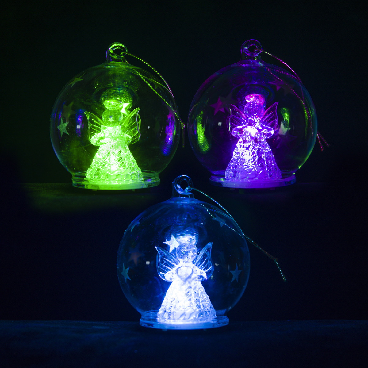Ange en verre robe lumière tournante LED dans boule en verre décorée, Ø 8 cm, SERIE DE 3 BOULES ASSORTIES