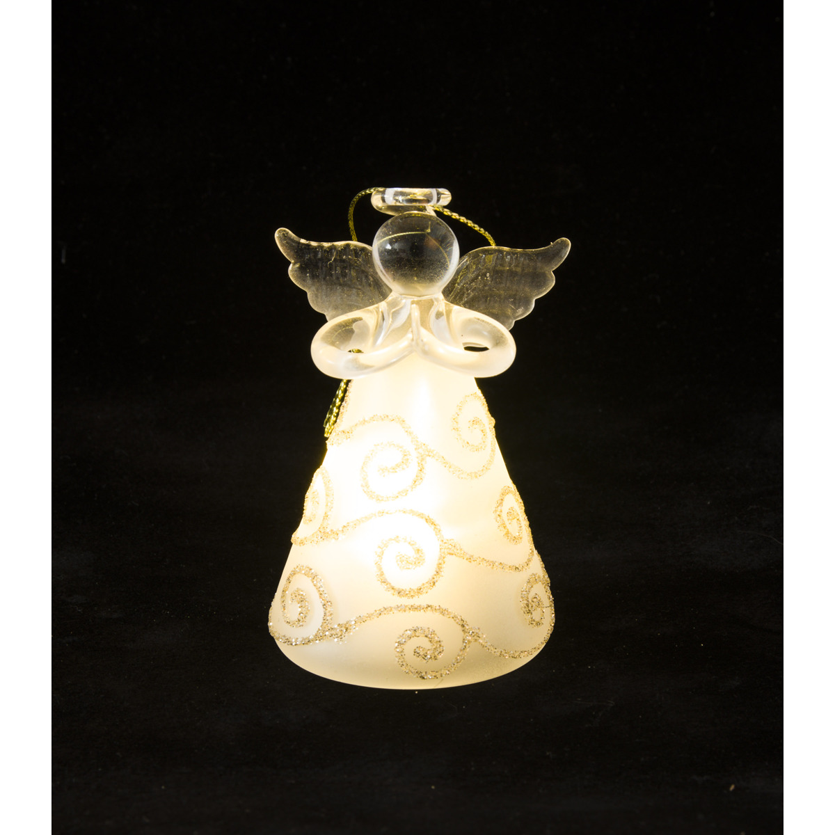 Ange en verre robe nacrée avec liseret or, lumineux LED H. 8 cm, SERIE DE 3 ANGES ASSORTIS