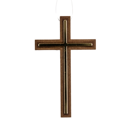 Croix d'aube en résine marron avec liseret couleur dorée 10 cm et lacet blanc 60 cm.