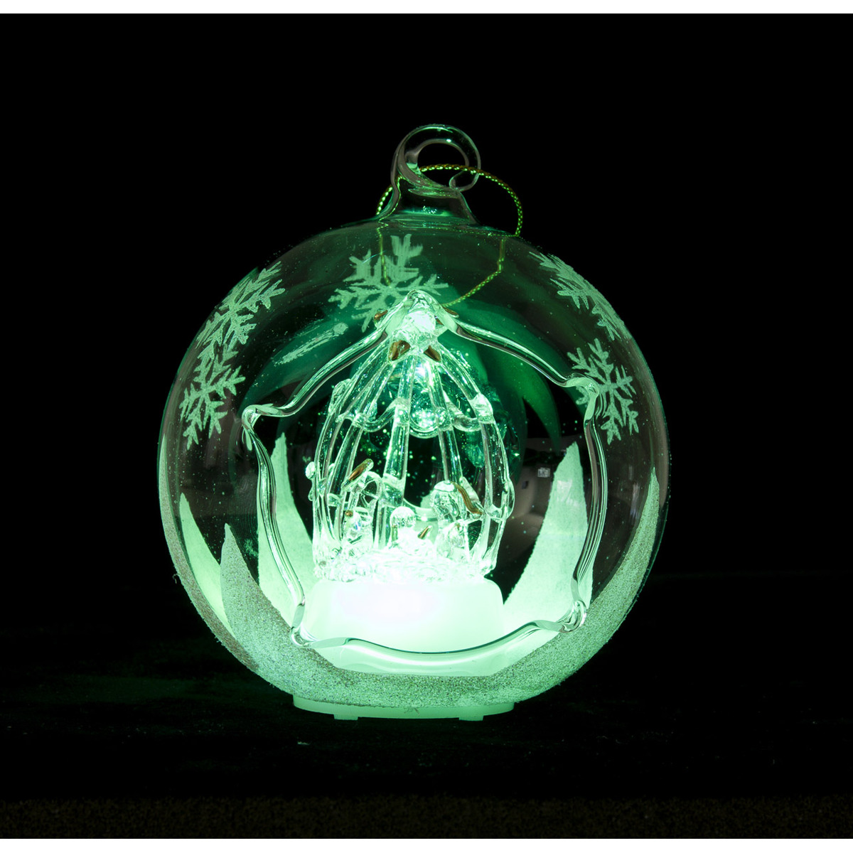 Boule nativité en verre + lumière tournante diam 10cm