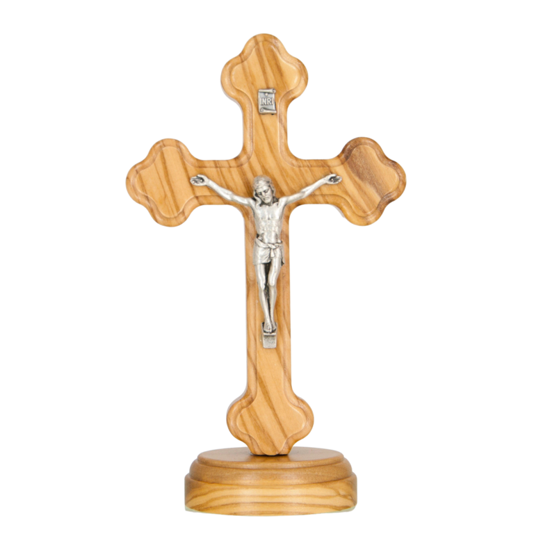 Crucifix baroque orthodoxe en bois d´olivier de Terre sainte sur socle avec Christ métal couleur argentée - H. 15 cm.
