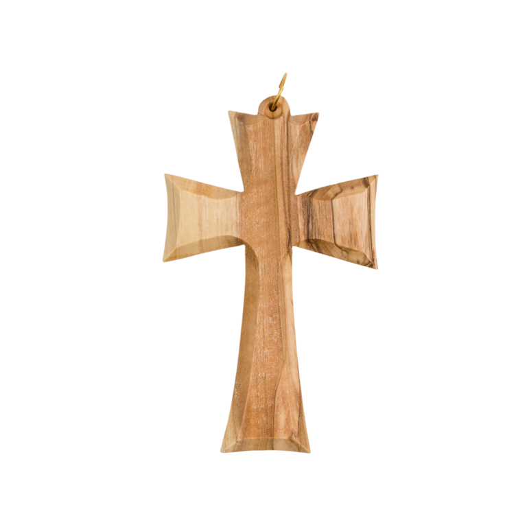 Croix d'aube en bois d'olivier de Terre Sainte bords biseautés 8 cm, anneau couleur dorée