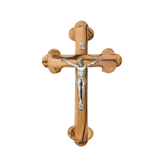 Crucifix baroque orthodoxe en bois d´olivier de Terre sainte avec Christ métal couleur argentée