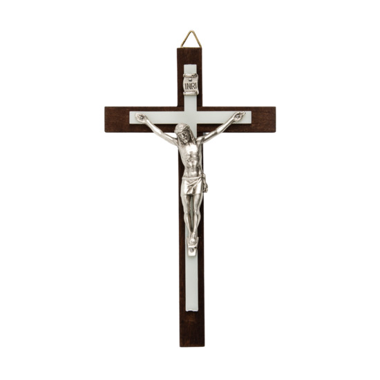 Crucifix en bois avec croix couleur fluorescente et Christ métal couleur argentée - H. 15 cm.