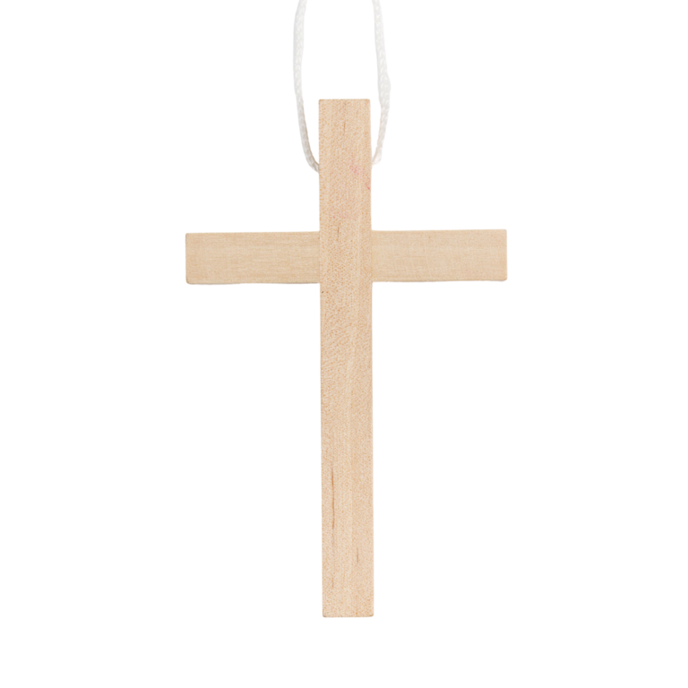 Croix d'aube en bois clair 10 cm avec cordon blanc 60 cm.