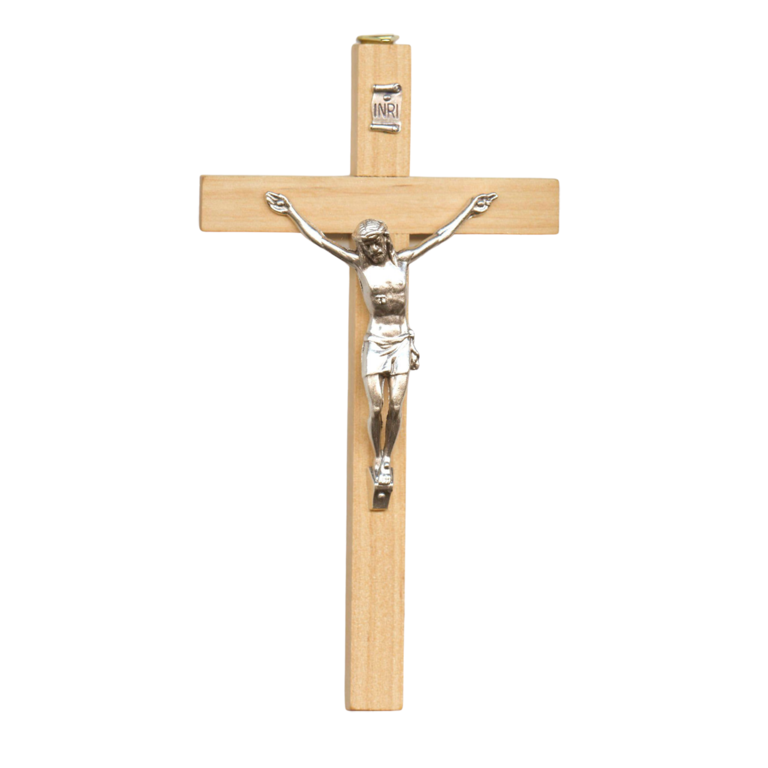 Crucifix bois clair avec Christ métal couleur argentée - H. 15 cm.