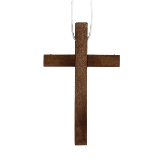 Croix d'aube en bois foncé 10 cm avec cordon blanc 60 cm.
