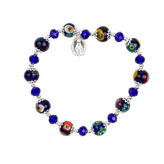 Bracelet dizainier couleur argentée sur élastique, véritable perle de Murano, Ø 9 mm médaille de la Vierge Miraculeuse.