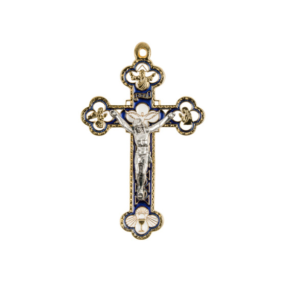Croix baroque couleur dorée et émaillée en bleu et blanc avec Christ métal couleur argentée - H. 8,5 cm.