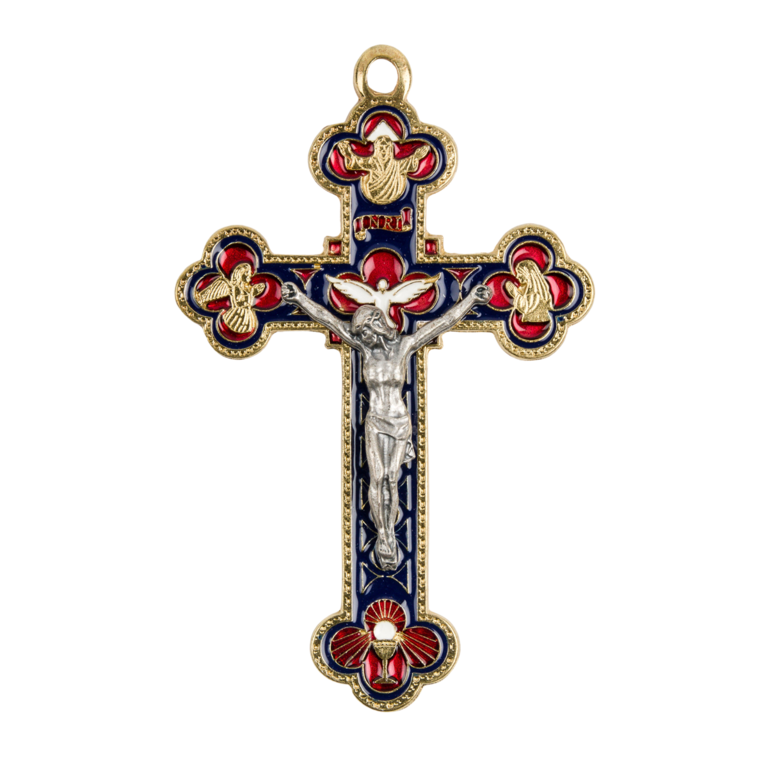 Croix baroque couleur dorée et émaillée en bleu et rouge avec Christ métal couleur argentée.