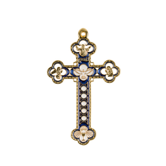 Croix baroque couleur dorée et émaillée en bleu et blanc - H. 8,5 cm.