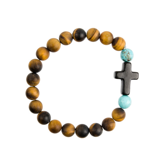Bracelet sur élastique en pierre naturelle œil de tigre mat et turquoise synthétique Ø 7 mm avec croix. 