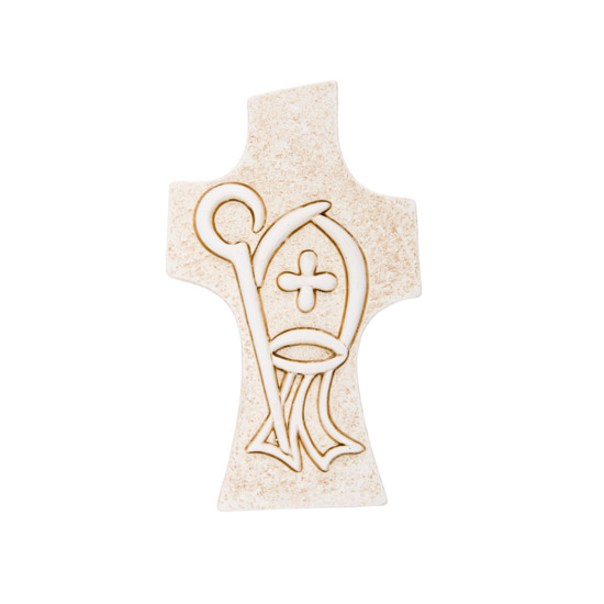 Croix de communion en résine imitation pierre H9.5 X 5.5 cm Crosse et Mitre