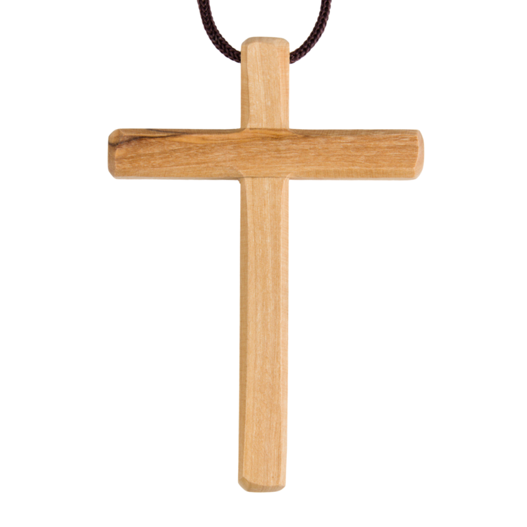 Croix d'aube en bois d'olivier de Terre Sainte bords biseautés 10 cm avec petit cordon marron 5 cm.