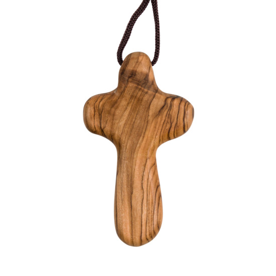 Croix du réconfort en bois d'olivier de Terre Sainte 8,7 cm avec petit cordon marron 5 cm.