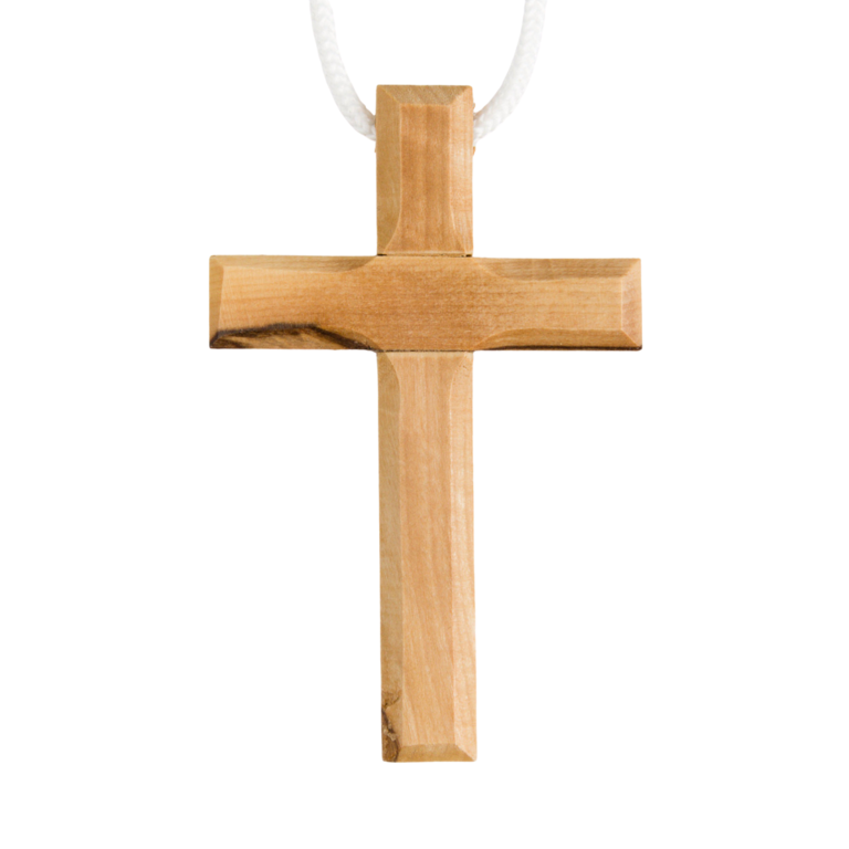 Croix d'aube en bois d'olivier de Terre Sainte bords biseautés 7 cm avec cordon blanc 60 cm.