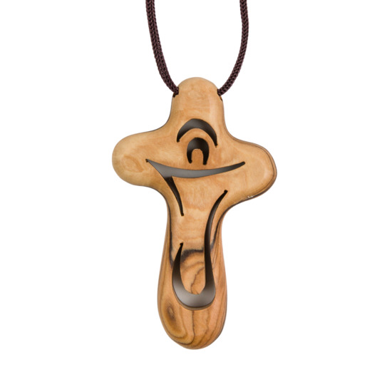 Croix du réconfort en bois d'olivier de Terre Sainte Christ ajouré 8,7 cm cordon marron 60 cm.