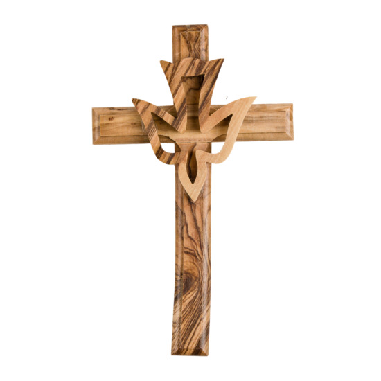 Croix en bois d'olivier de Terre Sainte avec colombe - H. 12 cm.