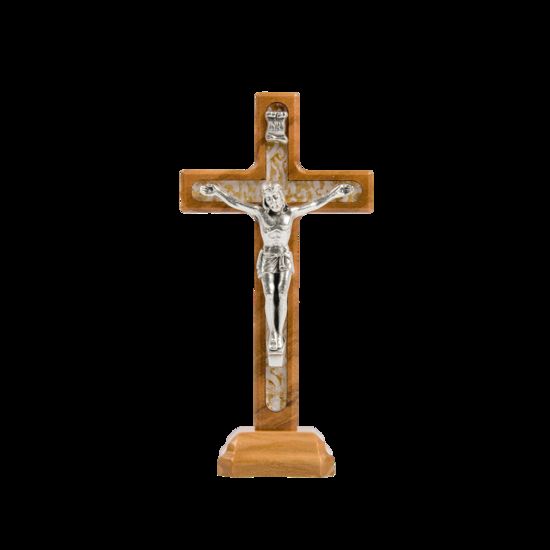 Crucifix en bois d´olivier incrustation résine couleur dorée, sur socle avec Christ métal couleur argentée - H. 8 cm